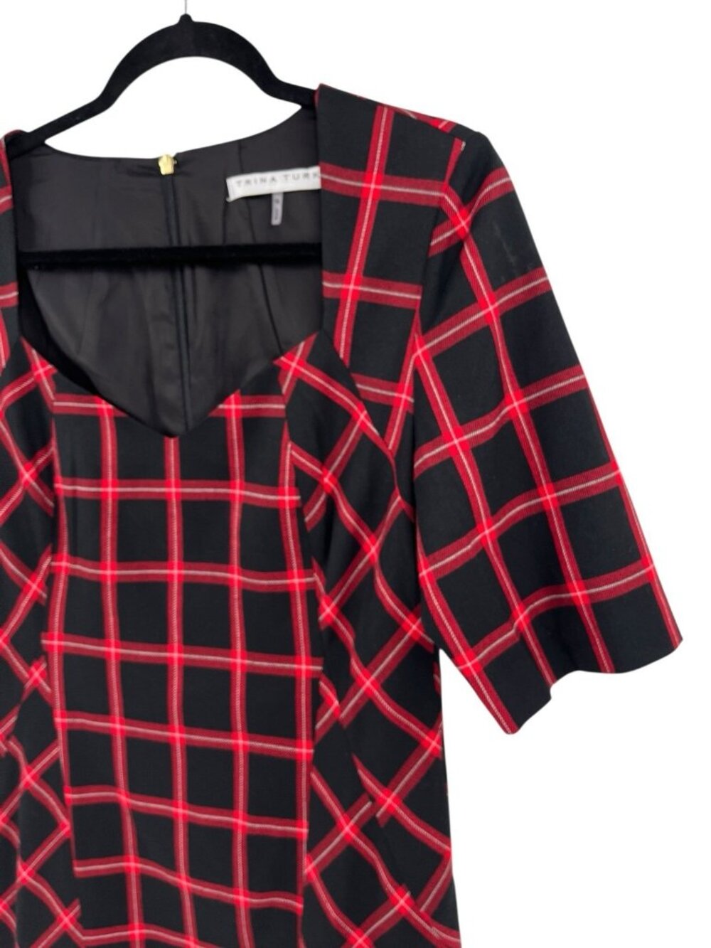 TRINA TURK Women's Black Red Plaid Sheath 1/2 Sleeve Dress US 10 - Picture 2 of 6